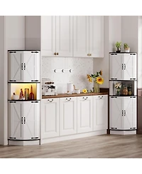gaomon 64.6" Farmhouse Corner Cabinet with Led Light, Tall Bathroom Cabinet with 4 Barn Doors and 5 Tier Shelves, Freestanding Corner Bar Cabinet