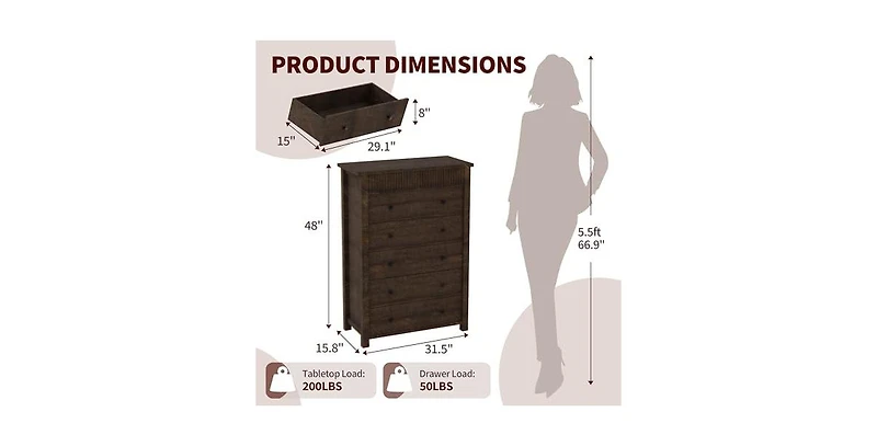 gaomon 5 Drawer Tall Dresser for Bedroom, 31.5" Wide Modern Fluted Wooden Chest of Drawers for Closet Living Room