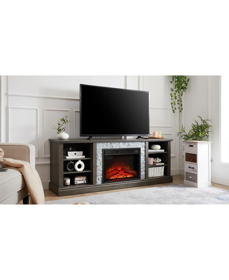 Streamdale Furniture Large Tv Desk Storage Rack with Faux Stacked Stone Surround, Media Console Table with Large Storage Cabinet, Modern Tv Stand with