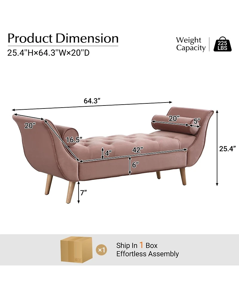 Streamdale Furniture Upholstered Velvet Button Tufted Ottoman Bench with 2 Pillows