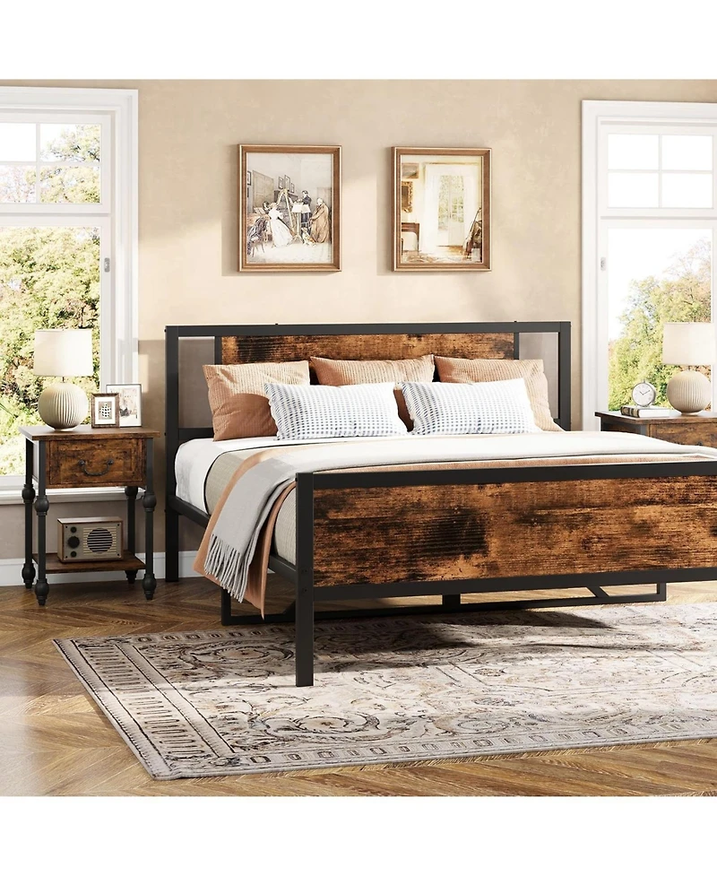 gaomon Set of 2 Industrial End Tables with Wooden Top, Drawer and Storage Shelf