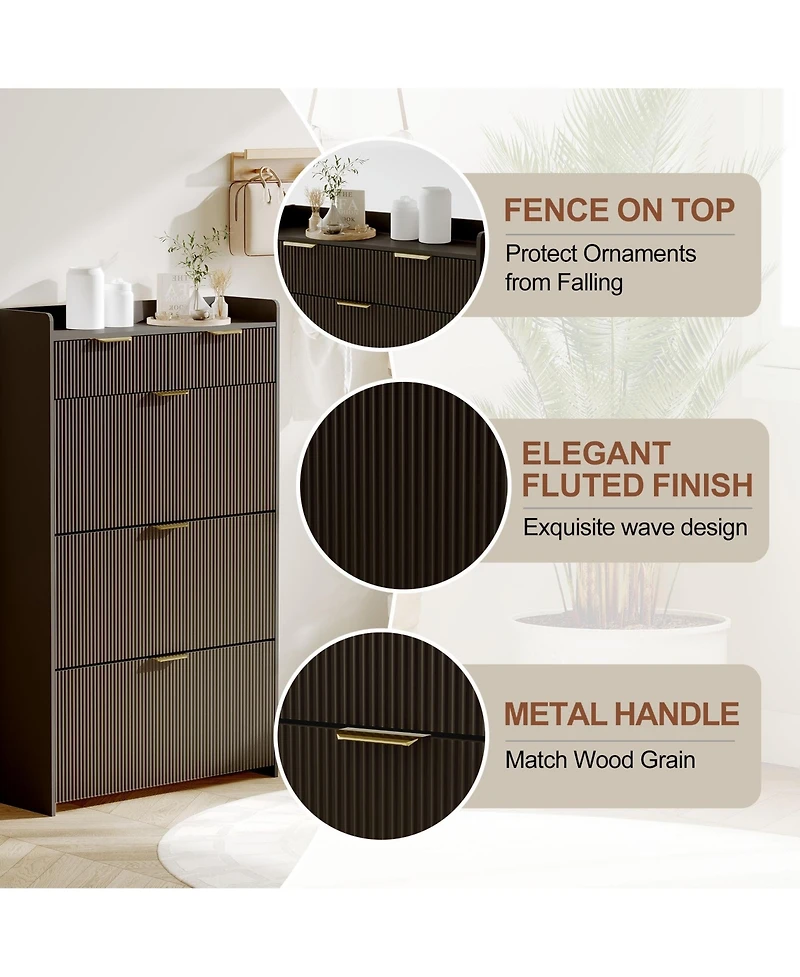 Homfan Modern Natural Shoe Cabinet with 3 Flip Drawers & 2 Small Hook, Slim Fluted Storage Organizer, Narrow Entryway
