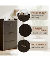Homfan Modern Natural Shoe Cabinet with 3 Flip Drawers & 2 Small Hook, Slim Fluted Storage Organizer, Narrow Entryway