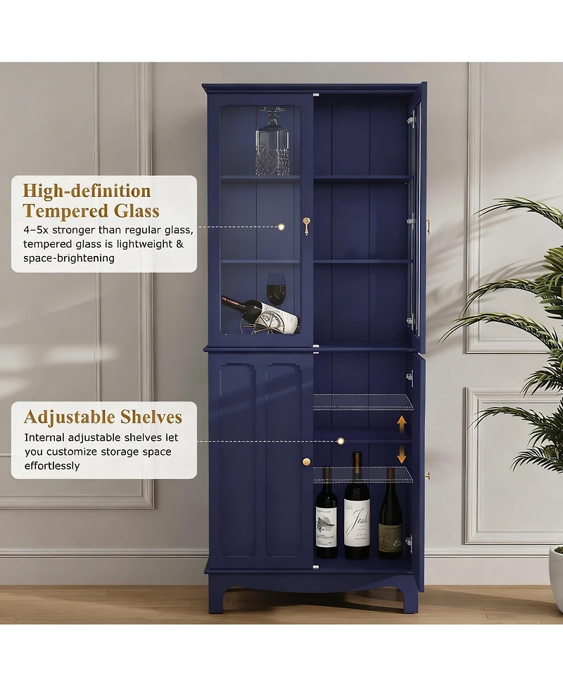 Yigii 72" Freestanding Kitchen Pantry Cabinet Glass Door Adjustable Shelves