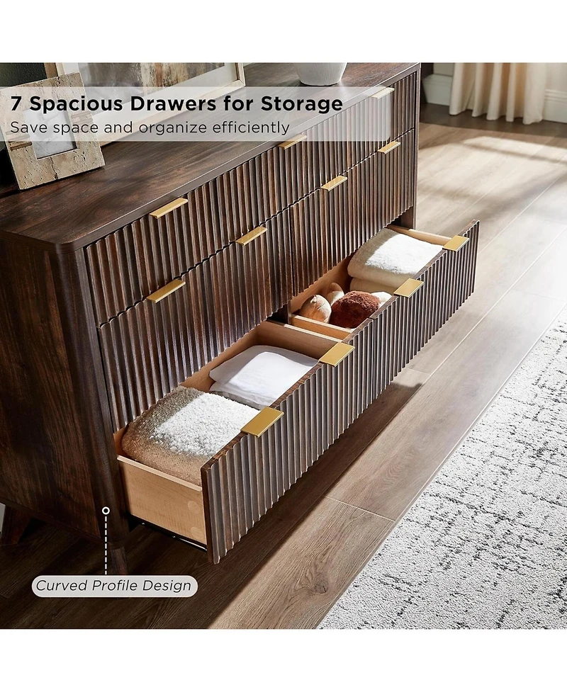 gaomon 54" Modern Fluted Wood 7-Drawer Dresser with Faux Marble Top, Walnut