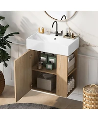 Sillysis 21.6'' Natural Floating Bathroom Vanity with Ceramic Sink, Right Side Storage, Soft Close, Modern Wall Mounted Cabinet