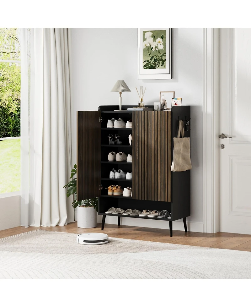 Homfan Large Shoe Cabinet with Doors，6-Tier Organizer 2 Doors & Additional Hooks for Hallway, Entryway, Living Room
