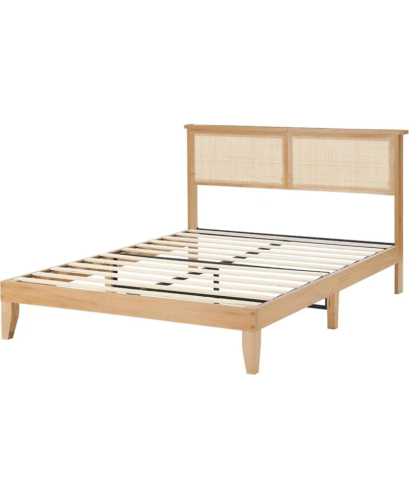 gaomon Full Bed Frame With Rattan Headboard and Led Lights Boho Platform Strong Wood Slats Noise Free No Box Spring