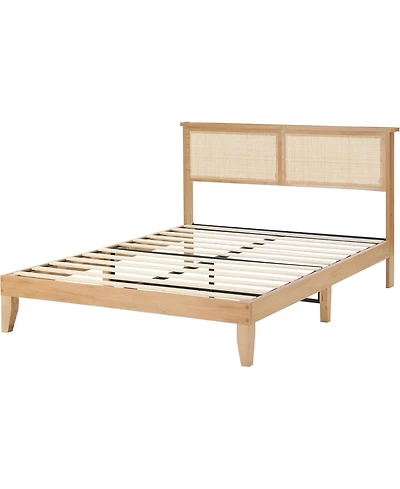 gaomon Full Bed Frame With Rattan Headboard and Led Lights Boho Platform Strong Wood Slats Noise Free No Box Spring