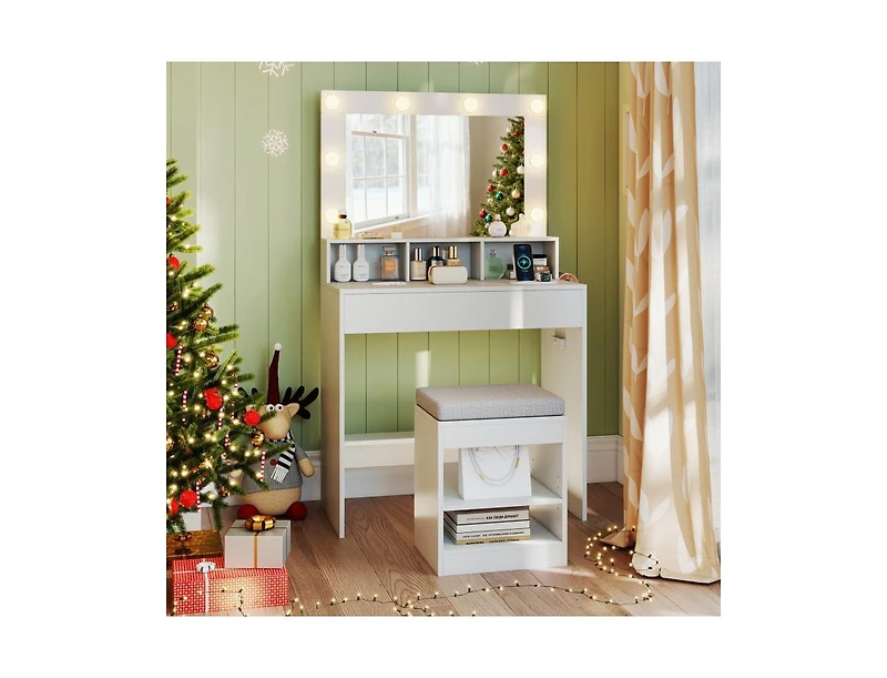 Slickblue Vanity Table Set with Lighted Mirror and Cushion Stool-Black