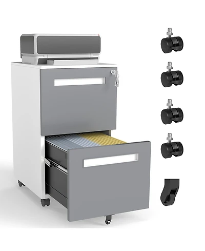 Rainsken 2-Drawer Mobile File Cabinet with Lock, Metal Storage Cabinet on 360° Wheels for Home Office Organizer, Holds A4/Letter/Legal Files