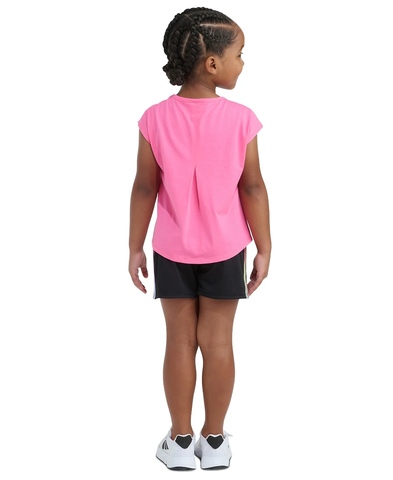 adidas Girls' 2T-6X Short-Sleeve Back Pleated T-Shirt and Mesh Shorts, 2-Piece Set