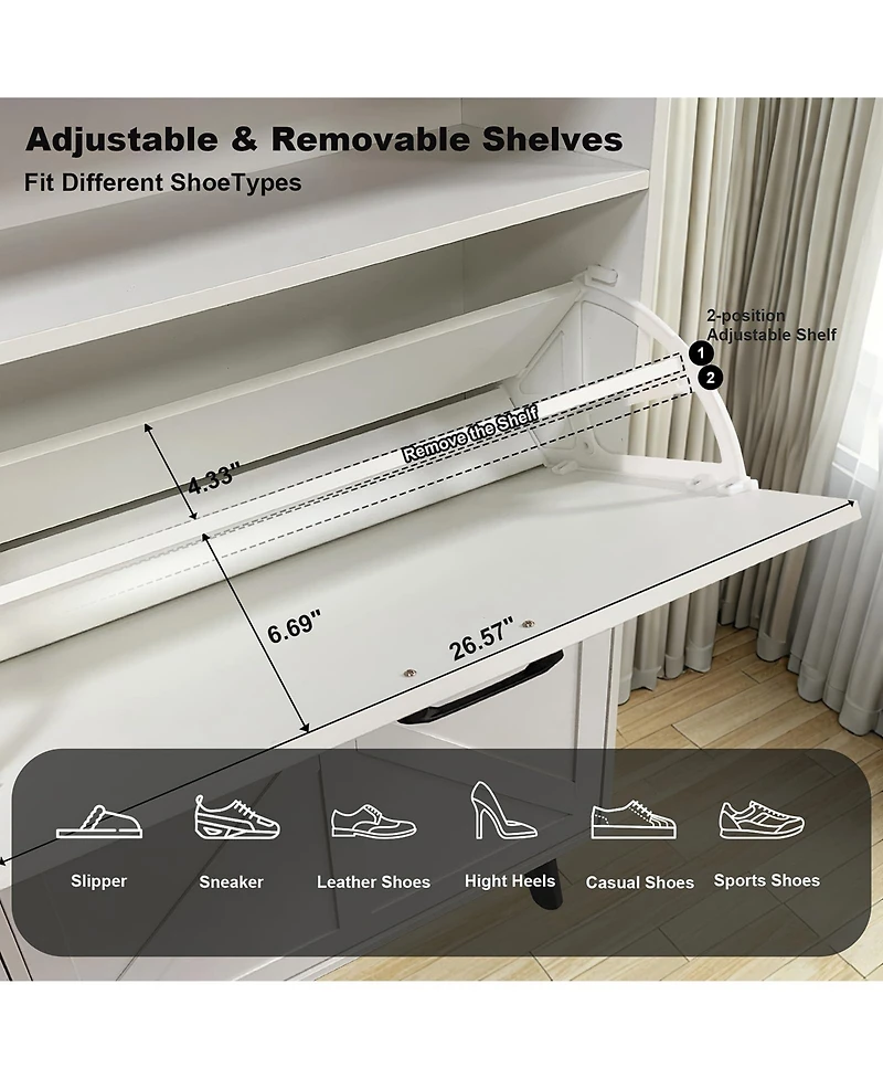 Homfan Shoe Cabinet with 4 Flip Drawers & Barn Door, Freestanding Hidden Slim Narrow Shoe Storage Organizer with Open Shelves, for Entryway, Foyer