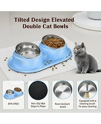 Aronkl Elevated Stainless Steel Tilted Anti Vomiting Non Spill Cat & Dog Bowls with Mat