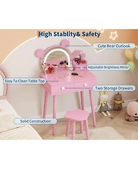 gaomon Kids Wooden Vanity Table and Chair Set with Touch Control Lighted Mirror and Drawers