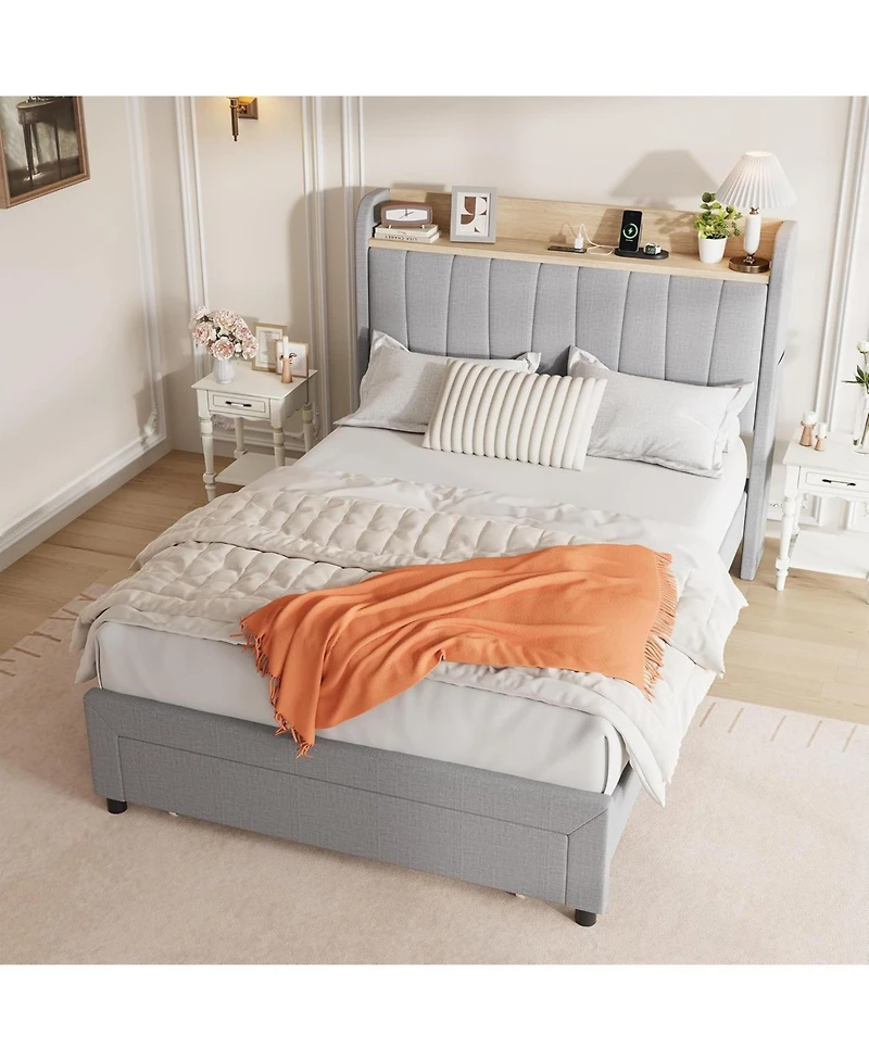 gaomon Bed Frame Upholstered With Storage Headboard Drawers Charging Platform Bed Wooden Slats