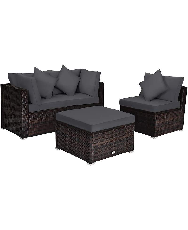Costway 4PCS Patio Rattan Furniture Set Sofa Ottoman Cushion Garden Deck