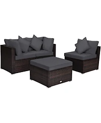 Costway 4PCS Patio Rattan Furniture Set Sofa Ottoman Cushion Garden Deck