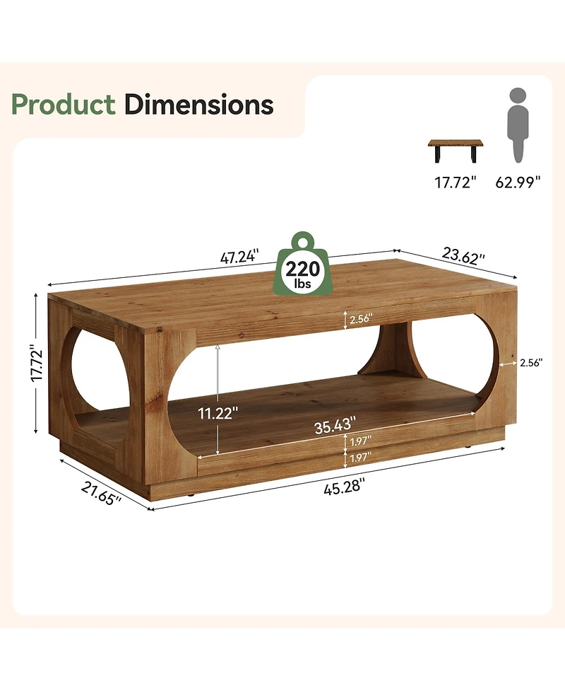 Tribesigns Solid Wood Coffee Table, 47.2" Farmhouse Wooden Center Tables, 2-Tier Rectangular Cocktail Tea Table