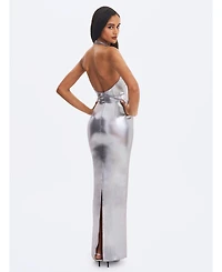 Miss Circle Women's Valeska Silver Foil Plunging Sheath Maxi Dress