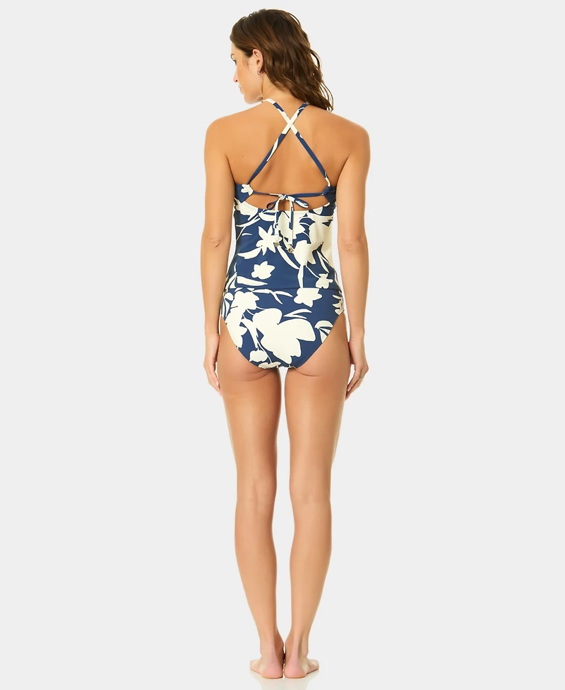 CeCe Women's Printed V-Neck Contrast Ruffle Tankini Top