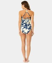 CeCe Women's Printed V-Neck Contrast Ruffle Tankini Top