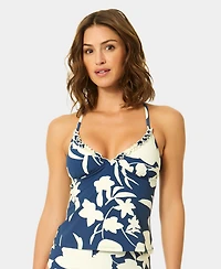 CeCe Women's Printed V-Neck Contrast Ruffle Tankini Top