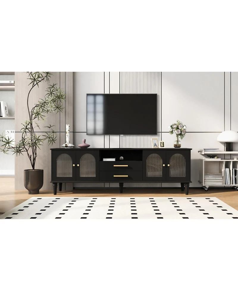 Streamdale Furniture 68.9" Retro Tv Stand - Fluted Glass Doors, Wood Legs