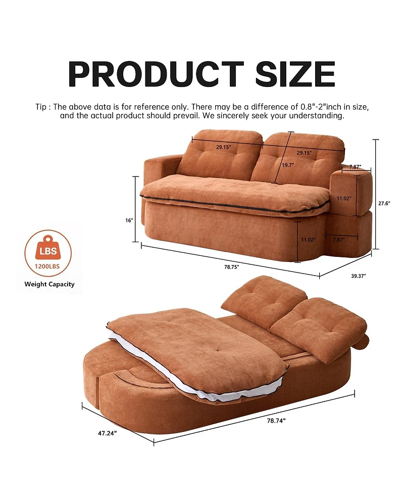 Streamdale Furniture Modern Floor Sofa with 2 Pillows, Convertible Corduroy Sleeper Sofa Bed