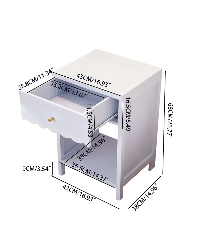 Streamdale Furniture Modern Nightstand with Drawer and Open Shelf, Scalloped Edge Bedside Table