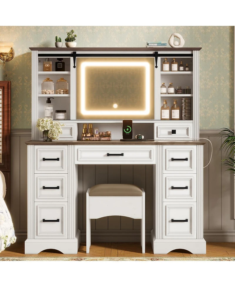 Streamdale Farmhouse Makeup Vanity Desk with Sliding Mirror, Led Lights, Stool & 9 Drawers