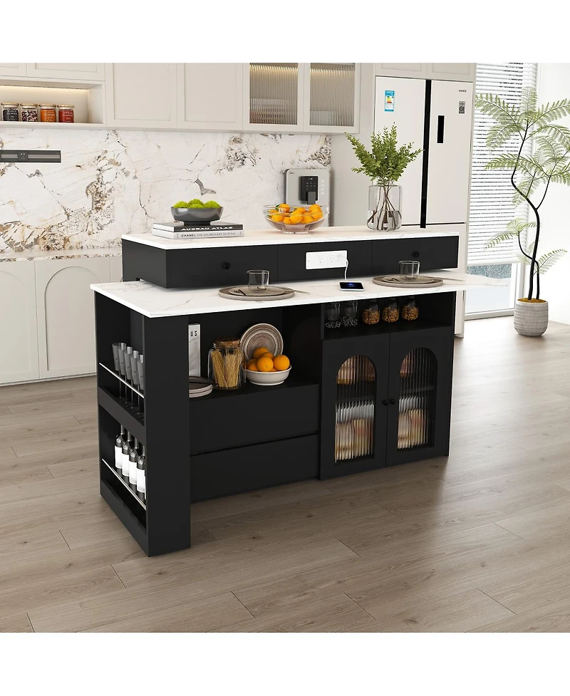 Streamdale Furniture Kitchen Island with Extendable Rotating Table, Marble Veneer, 4 Drawers & Cabinets