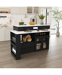 Streamdale Furniture Kitchen Island with Extendable Rotating Table, Marble Veneer, 4 Drawers & Cabinets