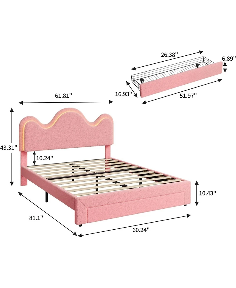 gaomon Queen Bed Frame Led Headboard Under Bed Drawer Metal Upholstered Platform Led Kids Bed Lamb Fleece Wood
