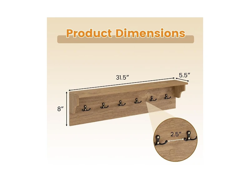 Slickblue Wood Coat Rack 31.5" with Shelf and 6 Hooks for Entryway