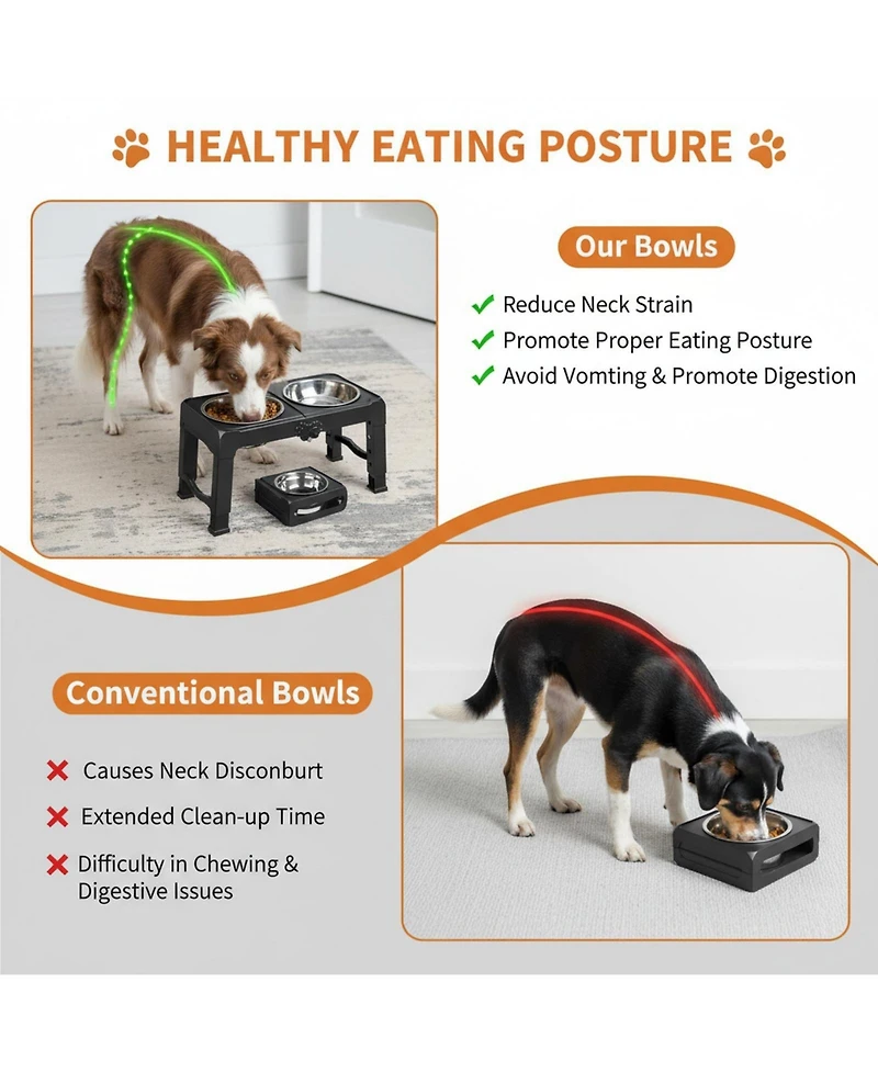 Aronkl Elevated Dog Bowl Stand 5 Adjustable Heights Foldable Travel Feeder Stainless Steel Bowls Non-slip