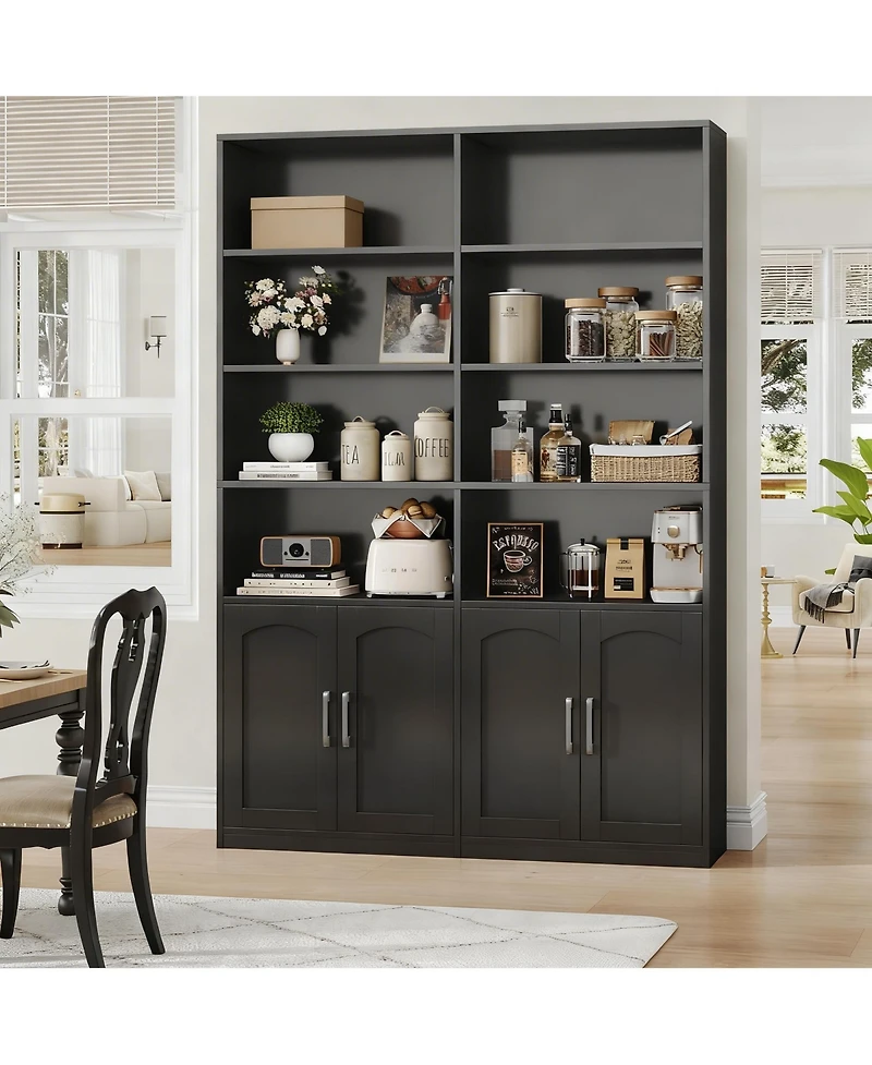Yigii Bookshelf with Doors 6 Tier Double Wide Tall Storage Cabinet Open Display Shelves