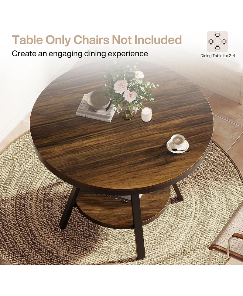 Tribesigns 2-Tier Industrial Round Dining Table, Small Kitchen Dinner Table for 2-4 People, 35-Inch Circle Wood Kitchen Table