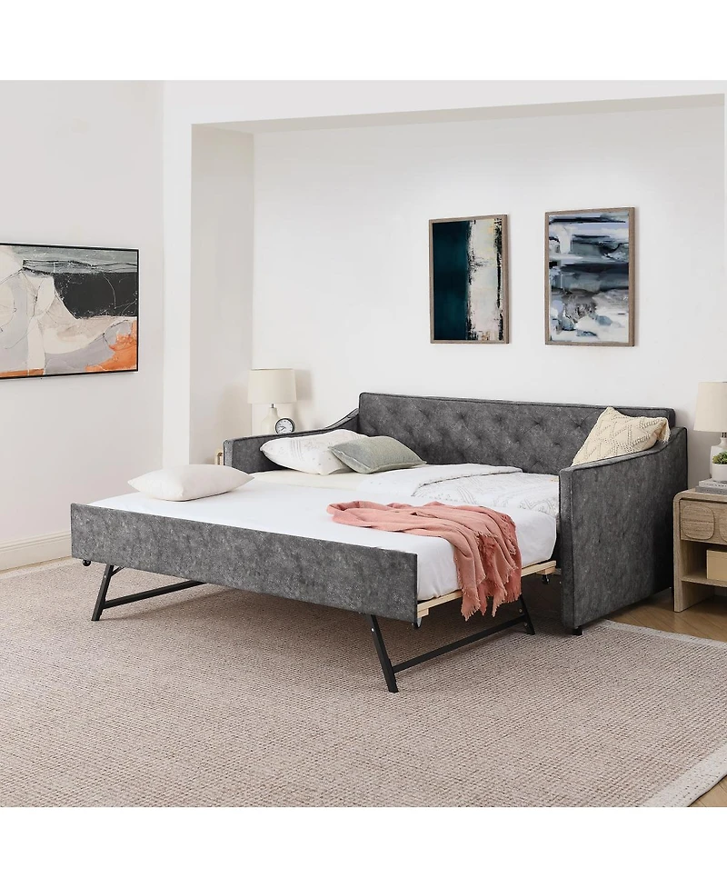 Streamdale Furniture Twin Upholstery DayBed with Pop-up Trundle & Usb Charging