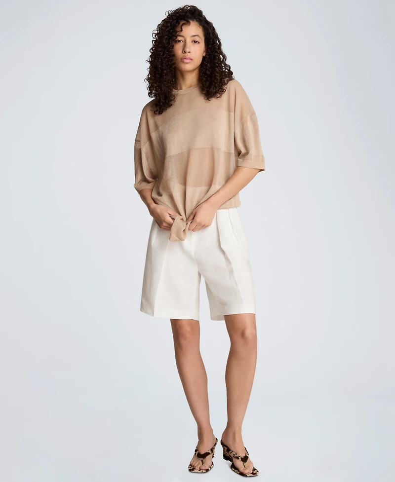 Kenneth Cole Women's Shiny Semi-Sheer Stripe Crewneck Top