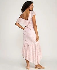 City Studios Juniors' Floral Embroidered Asymmetric Ruffle Hem Midi Dress