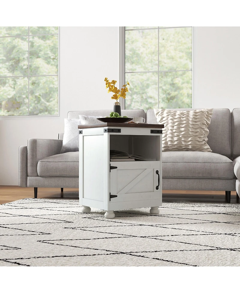 Homcom Farmhouse Side Table, End Table with Open Shelf and Cupboard,