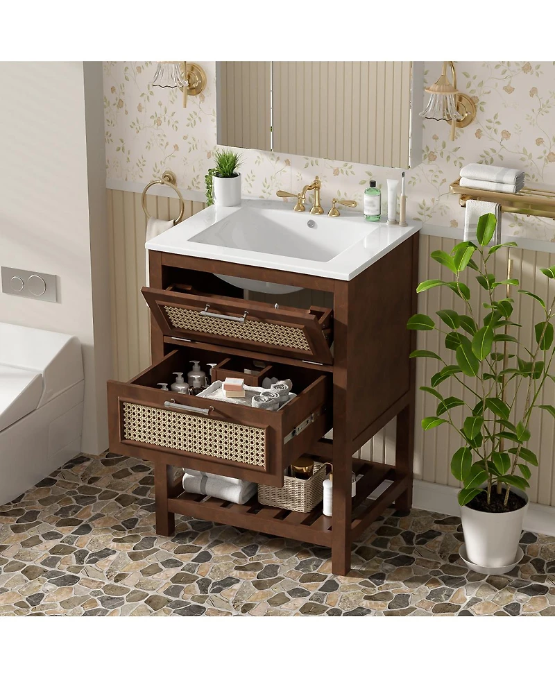 Sillysis 24 Inch Freestanding Bathroom Vanity with Ceramic Sink, Flip-Out Drawer & Modern Storage for Small Spaces