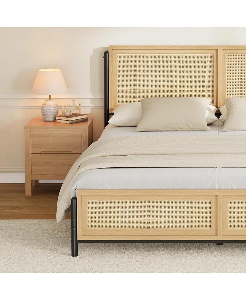 gaomon Bed Frame with Rattan Headboard and Footboard, Boho Wooden Platform, No Box Spring Needed, Easy Assembly