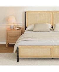 gaomon Bed Frame with Rattan Headboard and Footboard, Boho Wooden Platform, No Box Spring Needed, Easy Assembly