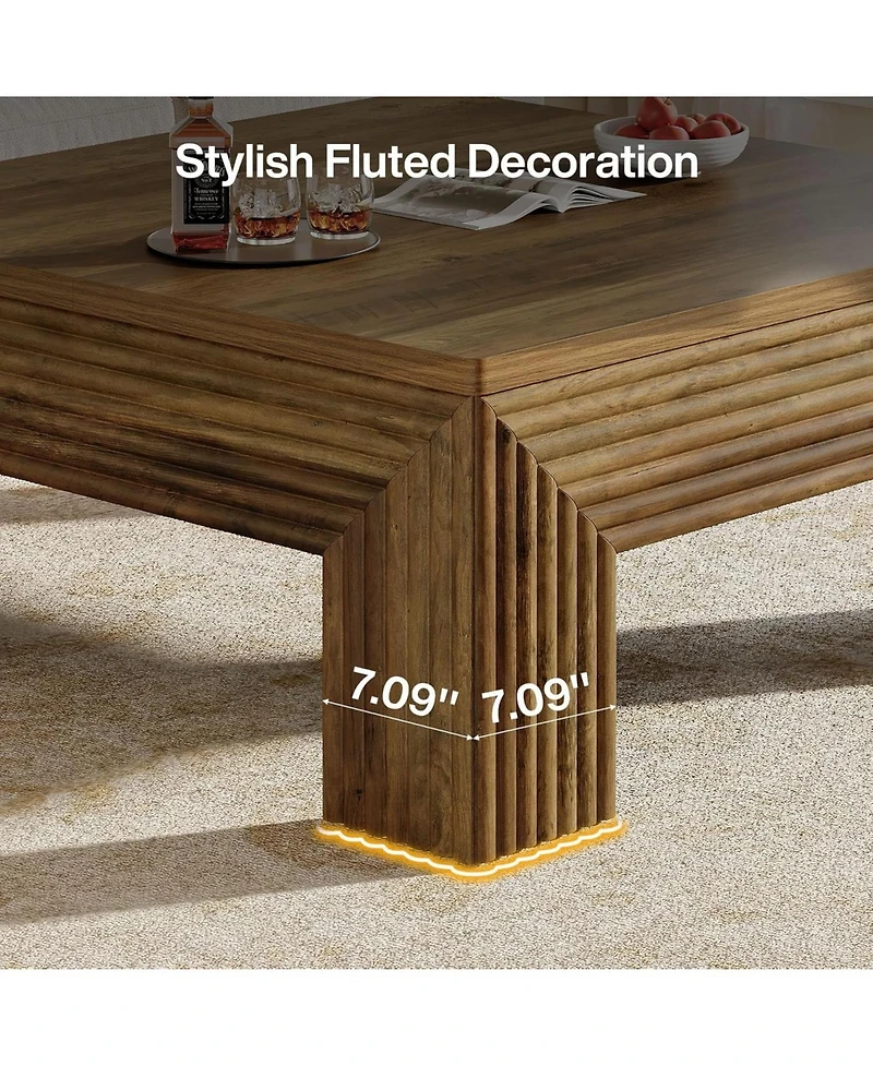 Tribesigns Square Coffee Table for Living Room, 39.4'' Large Wood Center Table with Unique Fluted Legs, Farmhouse Low Cocktail Tea Accent Table