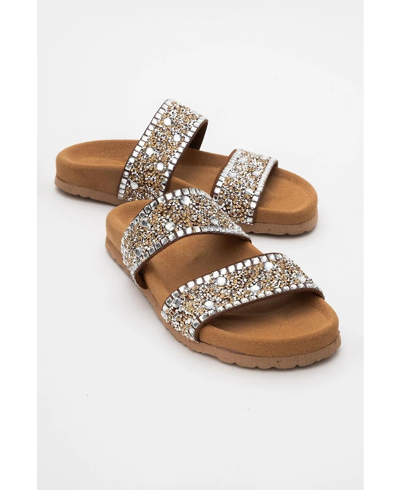 Forever & Always Shoes Women's Jamie Leather Double Strap Slide Sandal with Stones