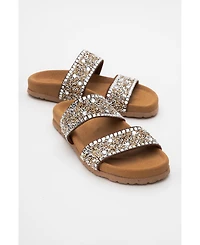 Forever & Always Shoes Women's Jamie Leather Double Strap Slide Sandal with Stones