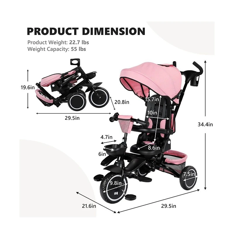 Kinder King 8-in-1 Folding Kids Tricycle Stroller with Adjustable Push Handle, Convertible Toddler