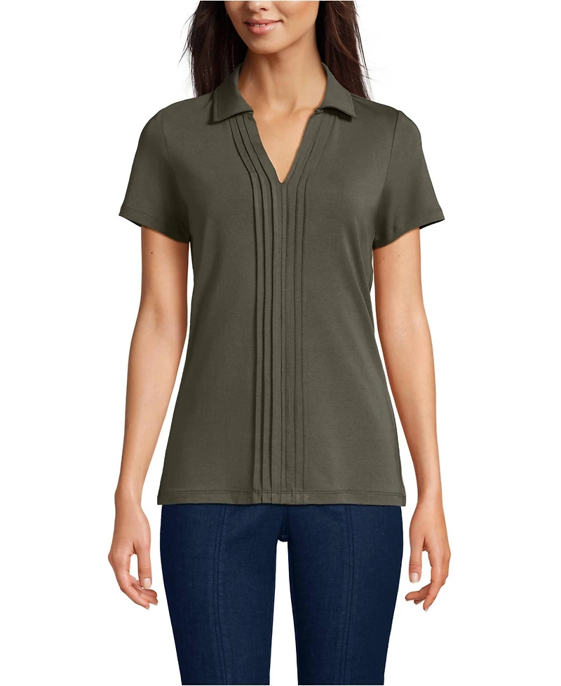 Lands' End Women's Short Sleeve Lightweight Jersey Pintuck Open Collar Polo